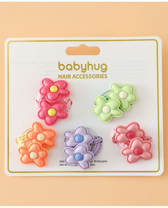 Babyhug Hair Rubber Bands Free Size With Floral Applique Pack Of 5 - Pink , Green & Orange