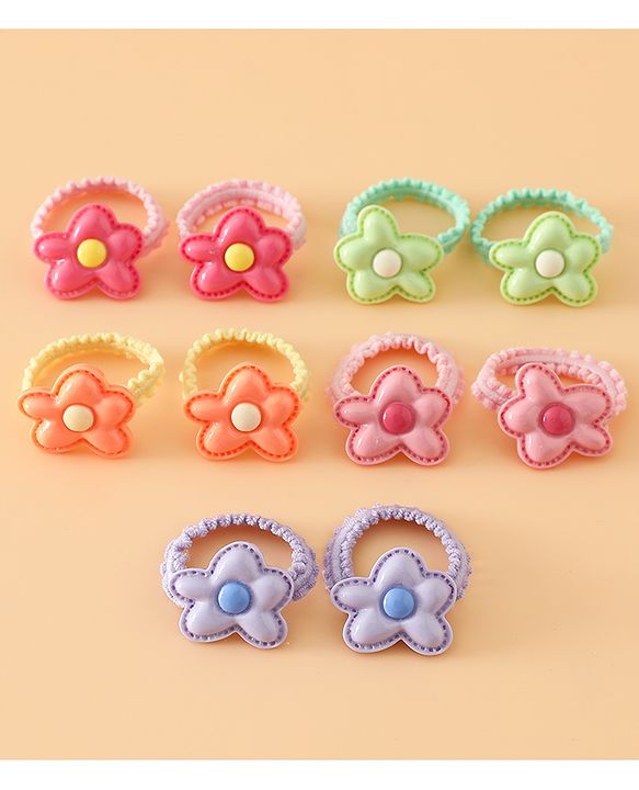 Babyhug Hair Rubber Bands Free Size With Floral Applique Pack Of 5 - Pink , Green & Orange