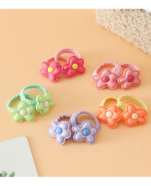 Babyhug Hair Rubber Bands Free Size With Floral Applique Pack Of 5 - Pink , Green & Orange
