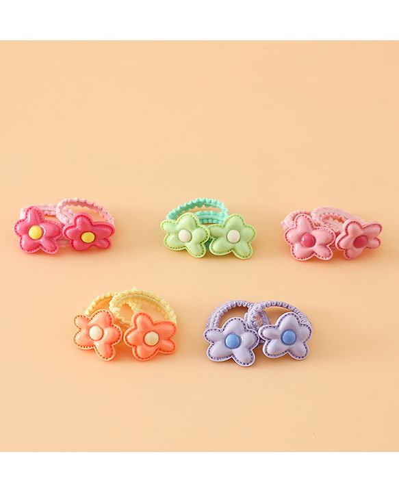 Babyhug Hair Rubber Bands Free Size With Floral Applique Pack Of 5 - Pink , Green & Orange