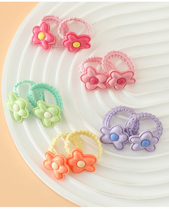 Babyhug Hair Rubber Bands Free Size With Floral Applique Pack Of 5 - Pink , Green & Orange