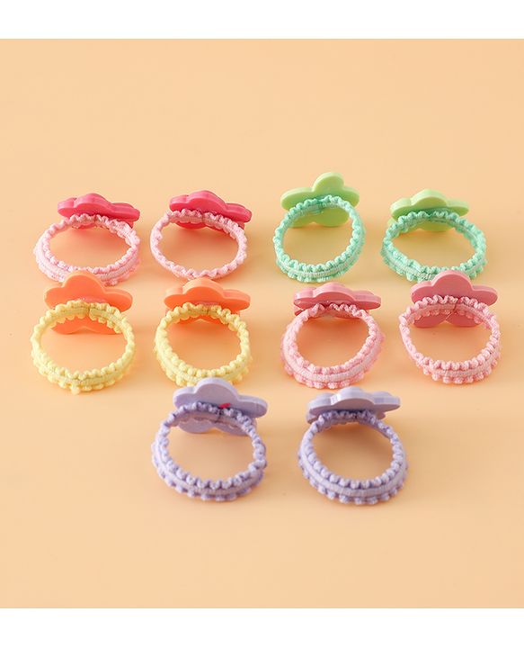 Babyhug Hair Rubber Bands Free Size With Floral Applique Pack Of 5 - Pink , Green & Orange