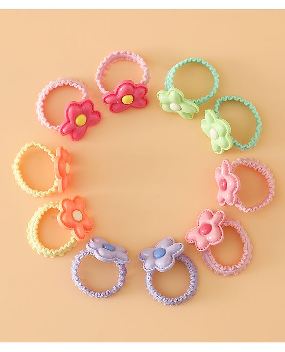 Babyhug Hair Rubber Bands Free Size With Floral Applique Pack Of 5 - Pink , Green & Orange