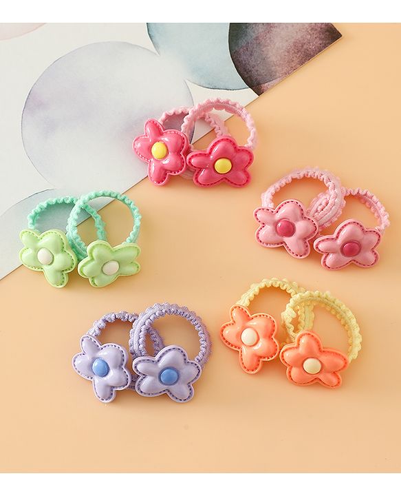 Babyhug Hair Rubber Bands Free Size With Floral Applique Pack Of 5 - Pink , Green & Orange