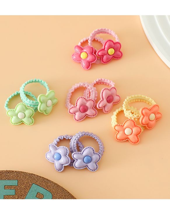 Babyhug Hair Rubber Bands Free Size With Floral Applique Pack Of 5 - Pink , Green & Orange