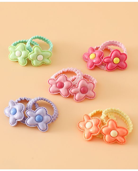 Babyhug Hair Rubber Bands Free Size With Floral Applique Pack Of 5 - Pink , Green & Orange