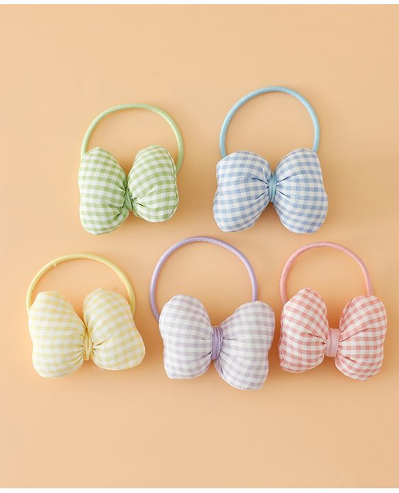 Pine kids Hair Rubber Bands Free Size With Bow Applique With Checks Design Pack Of 5 - Green , Blue & Pink