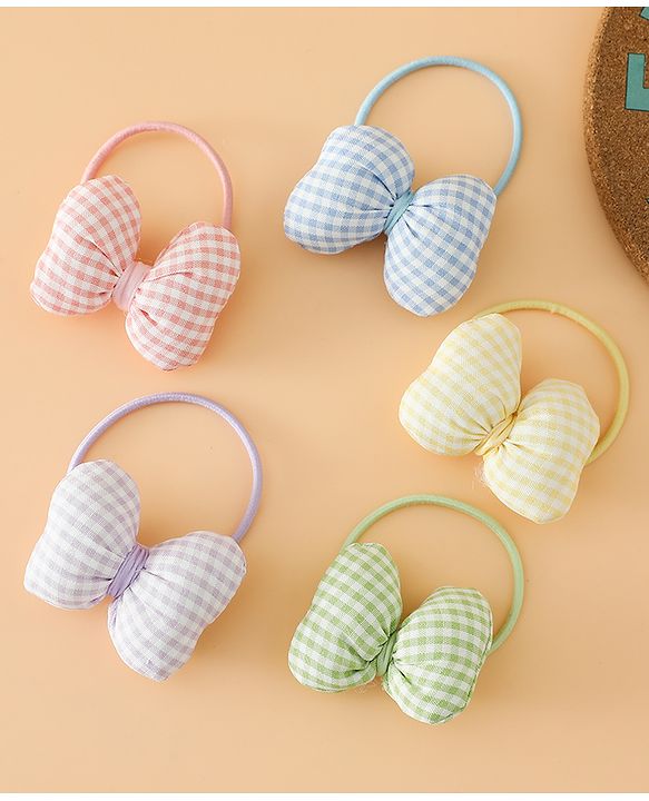 Pine kids Hair Rubber Bands Free Size With Bow Applique With Checks Design Pack Of 5 - Green , Blue & Pink