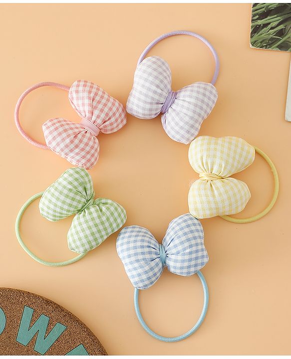 Pine kids Hair Rubber Bands Free Size With Bow Applique With Checks Design Pack Of 5 - Green , Blue & Pink