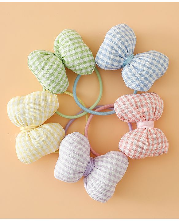 Pine kids Hair Rubber Bands Free Size With Bow Applique With Checks Design Pack Of 5 - Green , Blue & Pink