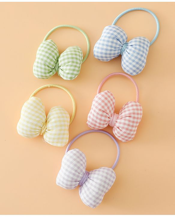 Pine kids Hair Rubber Bands Free Size With Bow Applique With Checks Design Pack Of 5 - Green , Blue & Pink