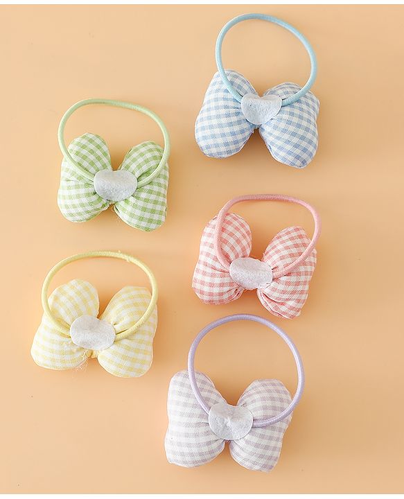 Pine kids Hair Rubber Bands Free Size With Bow Applique With Checks Design Pack Of 5 - Green , Blue & Pink