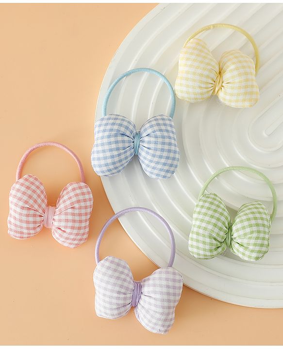 Pine kids Hair Rubber Bands Free Size With Bow Applique With Checks Design Pack Of 5 - Green , Blue & Pink