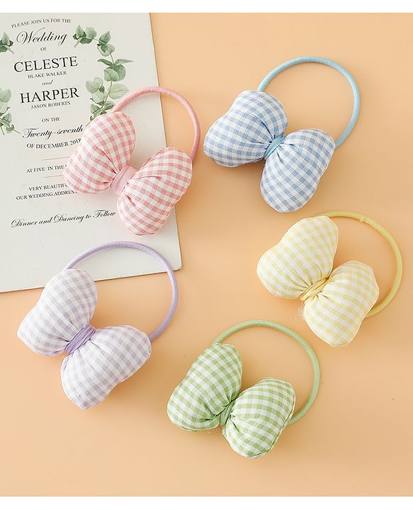 Pine kids Hair Rubber Bands Free Size With Bow Applique With Checks Design Pack Of 5 - Green , Blue & Pink