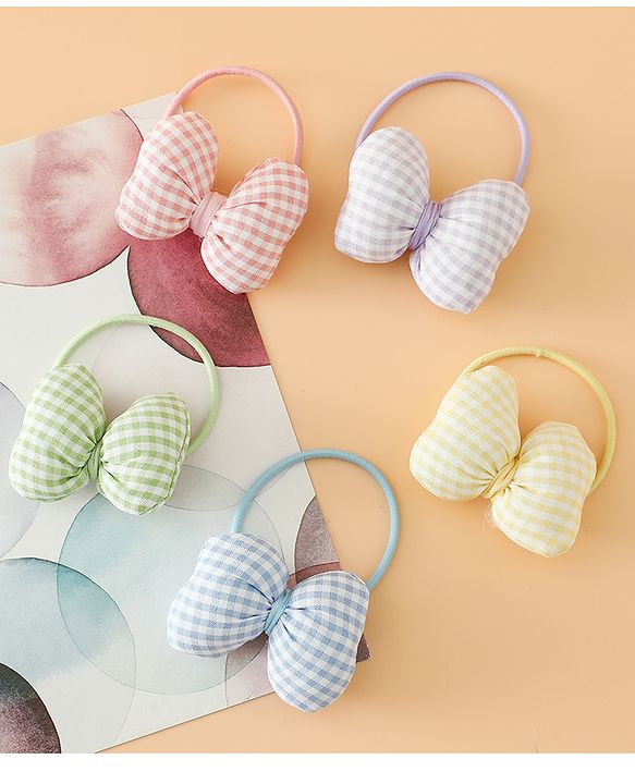 Pine kids Hair Rubber Bands Free Size With Bow Applique With Checks Design Pack Of 5 - Green , Blue & Pink