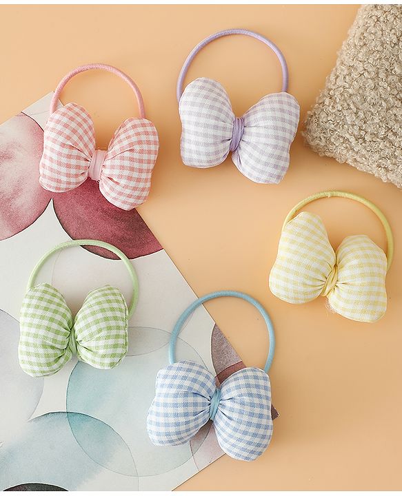 Pine kids Hair Rubber Bands Free Size With Bow Applique With Checks Design Pack Of 5 - Green , Blue & Pink