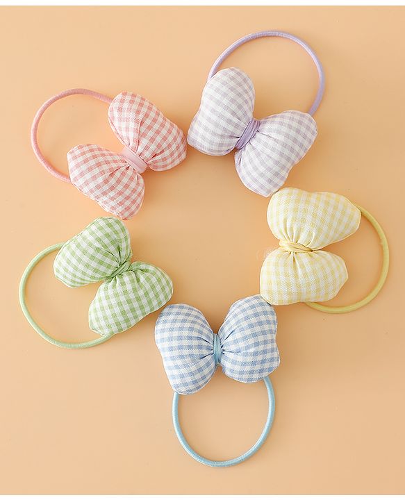 Pine kids Hair Rubber Bands Free Size With Bow Applique With Checks Design Pack Of 5 - Green , Blue & Pink