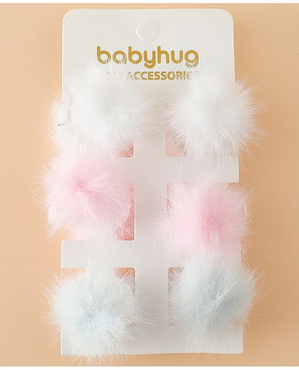 Babyhug Hair Pins And Clips Free Size With Fur Applique Pack Of 6 - Pink & White