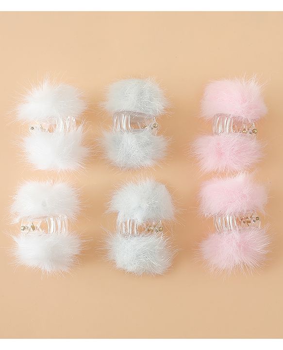 Babyhug Hair Pins And Clips Free Size With Fur Applique Pack Of 6 - Pink & White