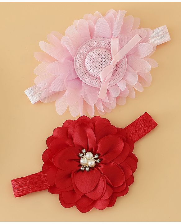 Babyhug Headbands With Floral Applique Pack of 2 Free Size - Maroon , Purple