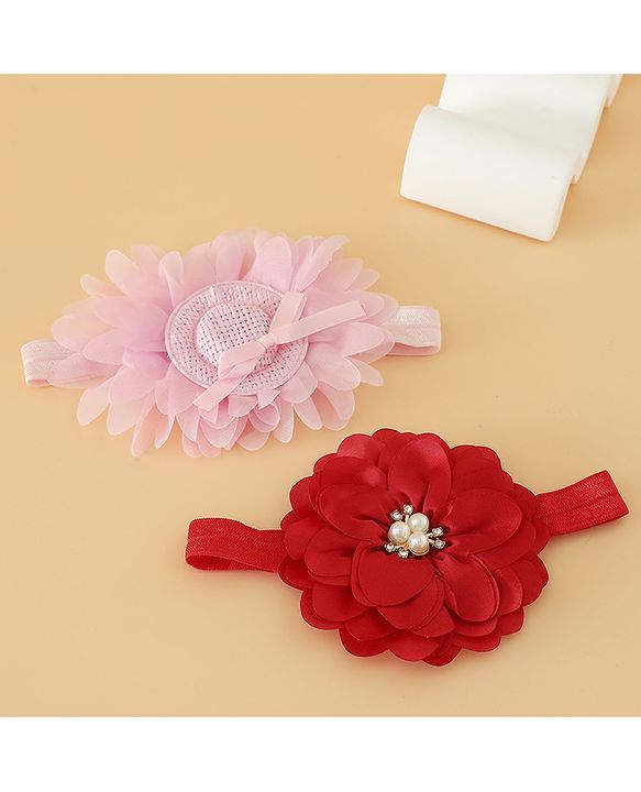 Babyhug Headbands With Floral Applique Pack of 2 Free Size - Maroon , Purple