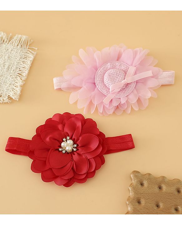 Babyhug Headbands With Floral Applique Pack of 2 Free Size - Maroon , Purple
