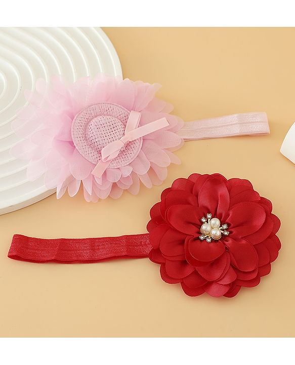 Babyhug Headbands With Floral Applique Pack of 2 Free Size - Maroon , Purple