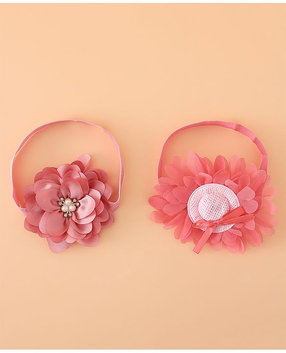 Babyhug Headbands With Floral Applique Pack of 2 Free Size - Maroon , Purple
