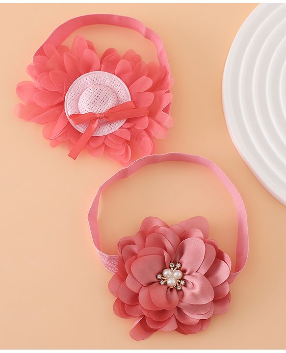 Babyhug Headbands With Floral Applique Pack of 2 Free Size - Maroon , Purple