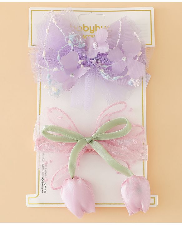 Babyhug Free Size Organza Tulip Bow Headbands with Sheer Layered Net Fabric Pack of 2 - Lavender & Pink