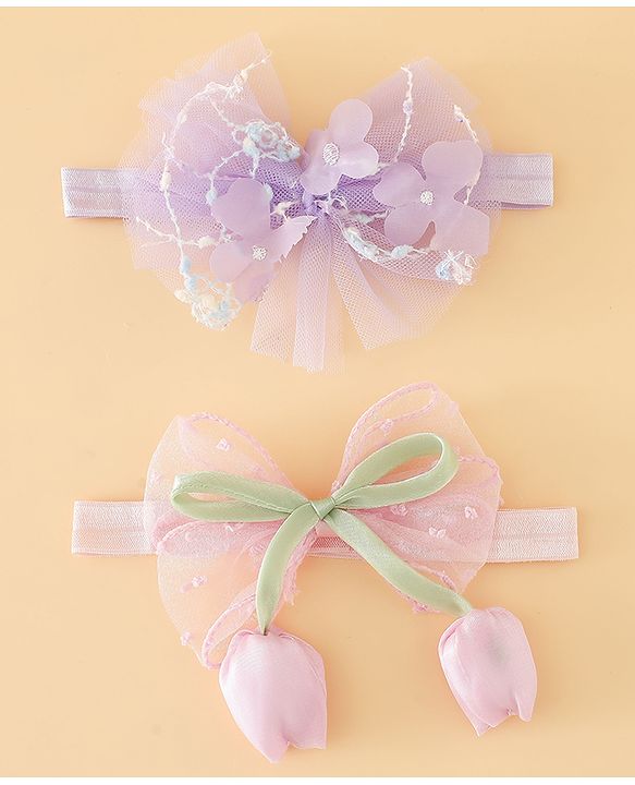 Babyhug Free Size Organza Tulip Bow Headbands with Sheer Layered Net Fabric Pack of 2 - Lavender & Pink