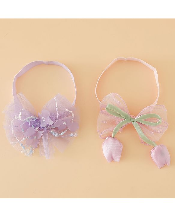 Babyhug Free Size Organza Tulip Bow Headbands with Sheer Layered Net Fabric Pack of 2 - Lavender & Pink