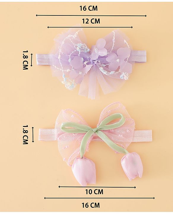 Babyhug Free Size Organza Tulip Bow Headbands with Sheer Layered Net Fabric Pack of 2 - Lavender & Pink