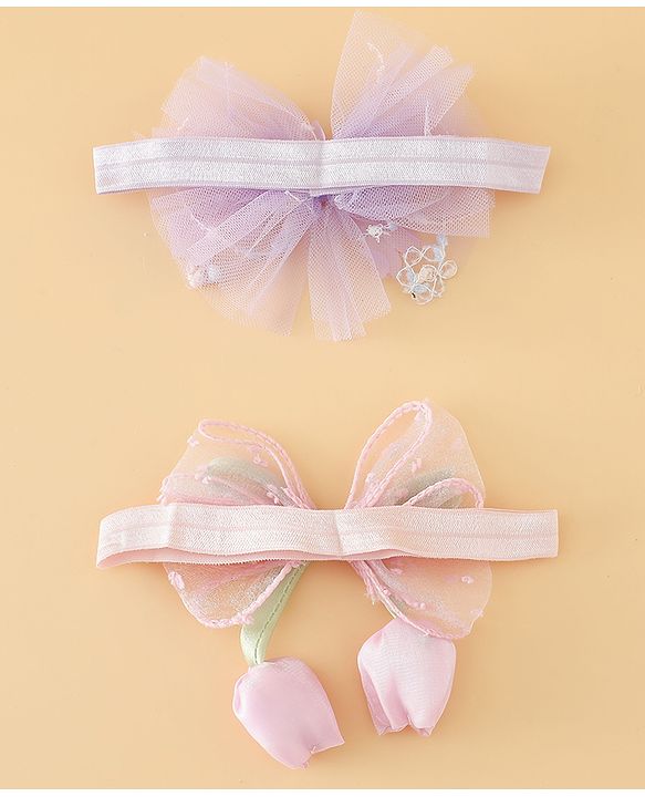 Babyhug Free Size Organza Tulip Bow Headbands with Sheer Layered Net Fabric Pack of 2 - Lavender & Pink