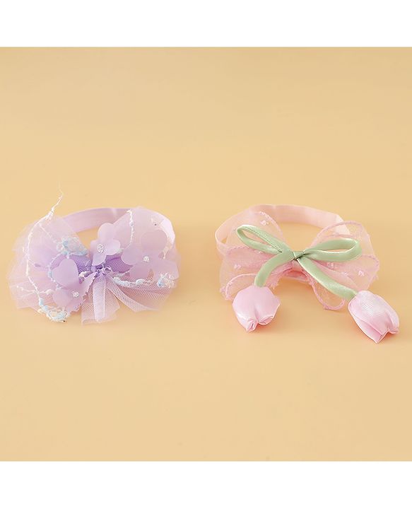 Babyhug Free Size Organza Tulip Bow Headbands with Sheer Layered Net Fabric Pack of 2 - Lavender & Pink