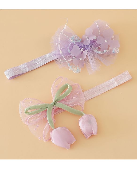 Babyhug Free Size Organza Tulip Bow Headbands with Sheer Layered Net Fabric Pack of 2 - Lavender & Pink