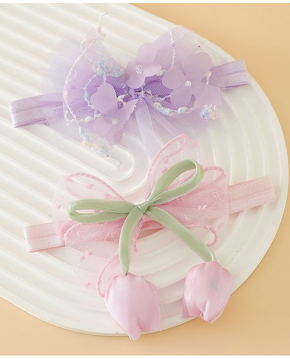 Babyhug Free Size Organza Tulip Bow Headbands with Sheer Layered Net Fabric Pack of 2 - Lavender & Pink