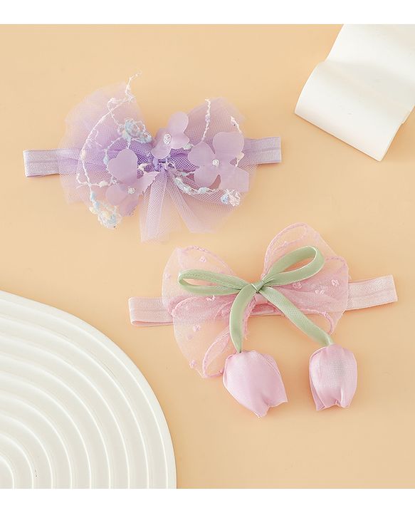 Babyhug Free Size Organza Tulip Bow Headbands with Sheer Layered Net Fabric Pack of 2 - Lavender & Pink