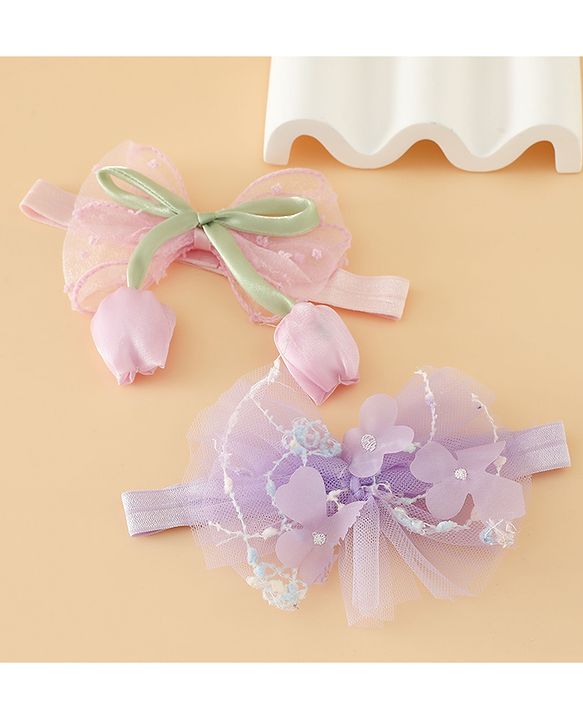 Babyhug Free Size Organza Tulip Bow Headbands with Sheer Layered Net Fabric Pack of 2 - Lavender & Pink