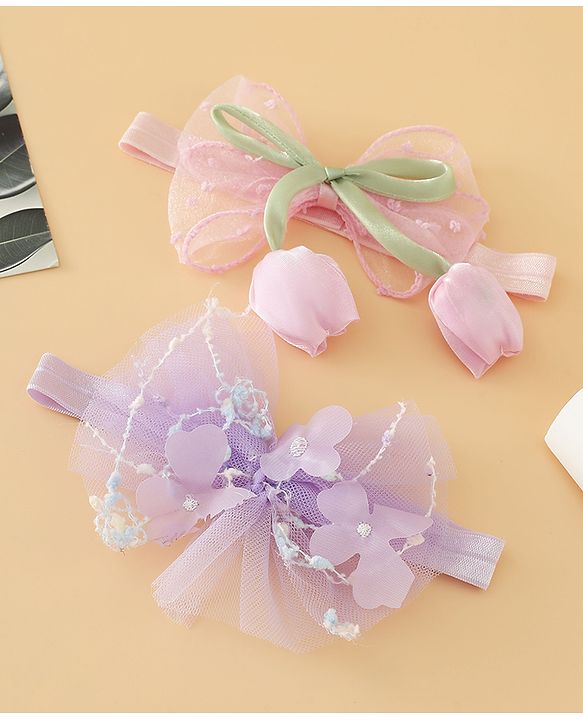 Babyhug Free Size Organza Tulip Bow Headbands with Sheer Layered Net Fabric Pack of 2 - Lavender & Pink