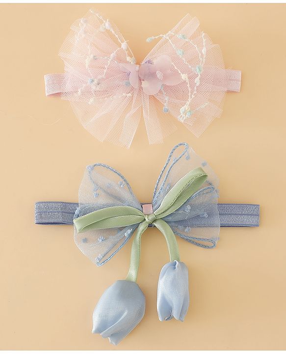 Babyhug Free Size Organza Tulip Bow Headbands with Sheer Layered Net Fabric Pack of 2 - Lavender & Pink