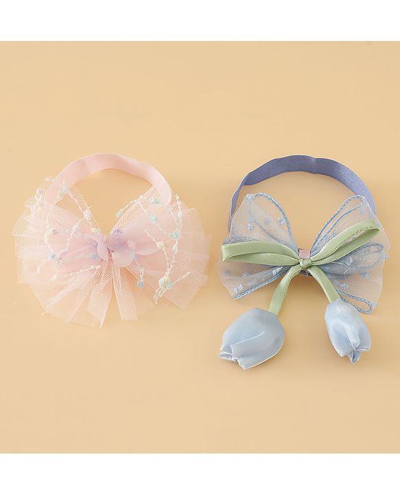 Babyhug Free Size Organza Tulip Bow Headbands with Sheer Layered Net Fabric Pack of 2 - Lavender & Pink