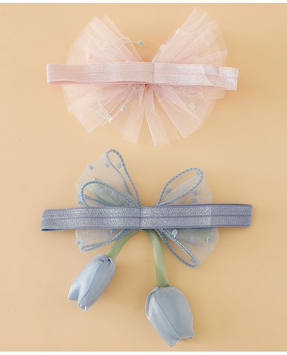 Babyhug Free Size Organza Tulip Bow Headbands with Sheer Layered Net Fabric Pack of 2 - Lavender & Pink