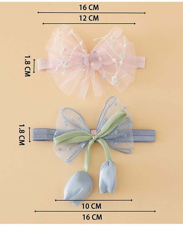 Babyhug Free Size Organza Tulip Bow Headbands with Sheer Layered Net Fabric Pack of 2 - Lavender & Pink