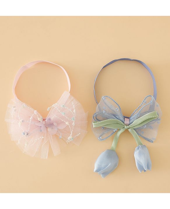 Babyhug Free Size Organza Tulip Bow Headbands with Sheer Layered Net Fabric Pack of 2 - Lavender & Pink
