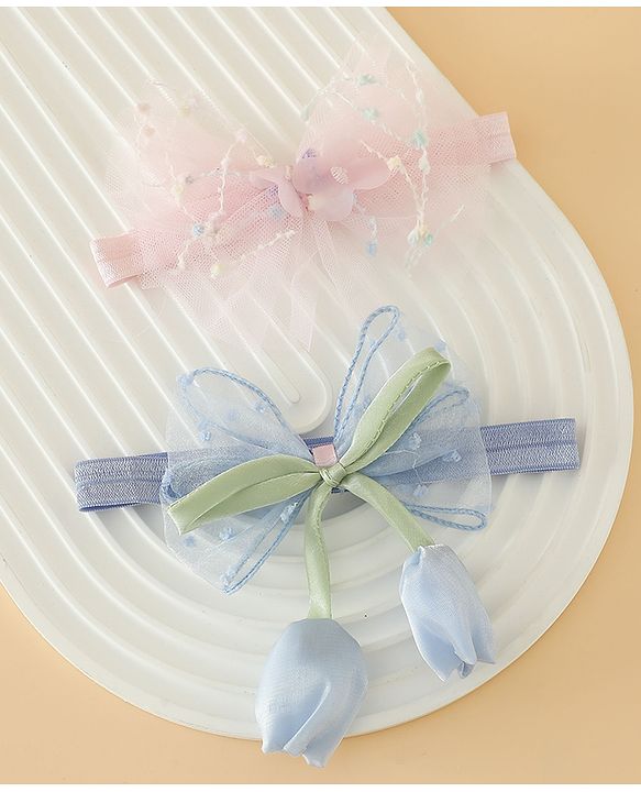 Babyhug Free Size Organza Tulip Bow Headbands with Sheer Layered Net Fabric Pack of 2 - Lavender & Pink
