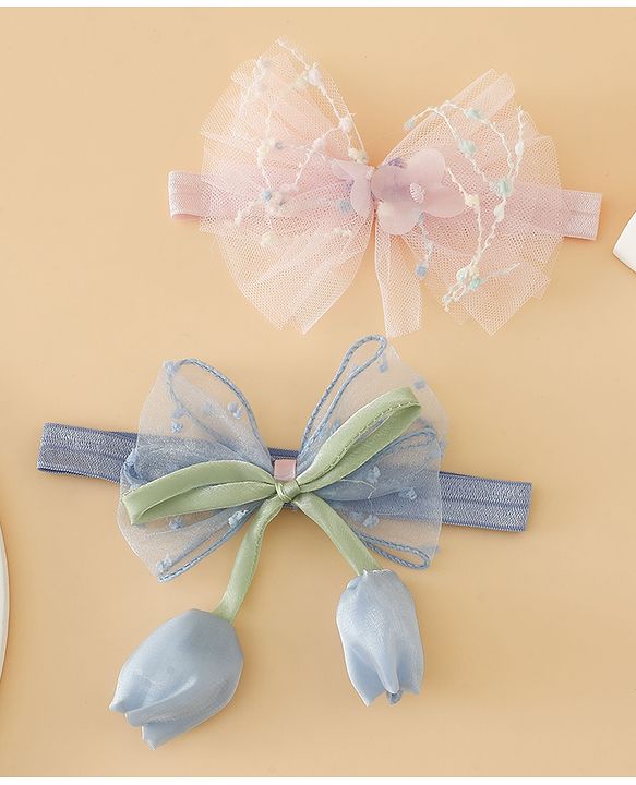 Babyhug Free Size Organza Tulip Bow Headbands with Sheer Layered Net Fabric Pack of 2 - Lavender & Pink