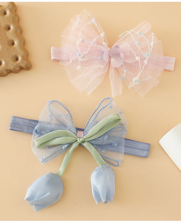 Babyhug Free Size Organza Tulip Bow Headbands with Sheer Layered Net Fabric Pack of 2 - Lavender & Pink