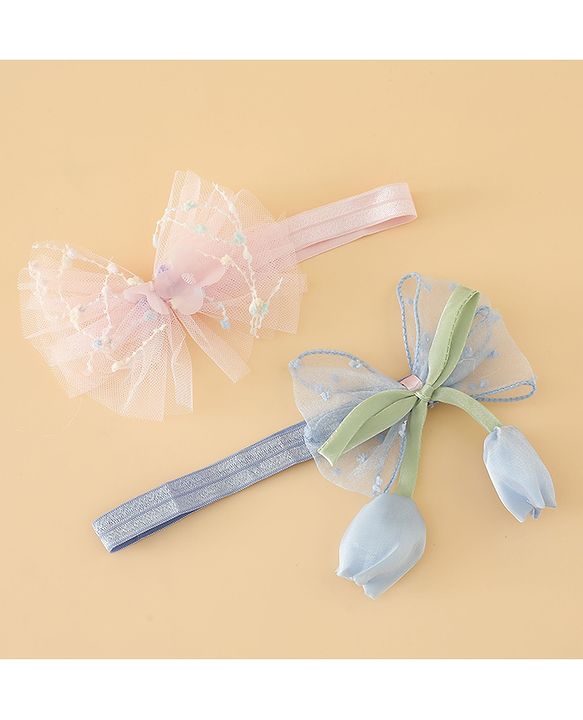 Babyhug Free Size Organza Tulip Bow Headbands with Sheer Layered Net Fabric Pack of 2 - Lavender & Pink