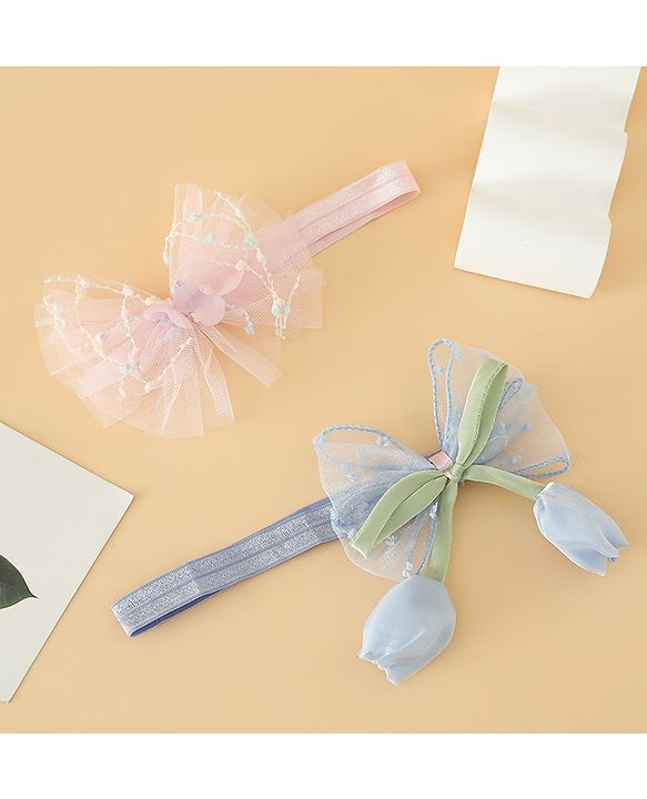 Babyhug Free Size Organza Tulip Bow Headbands with Sheer Layered Net Fabric Pack of 2 - Lavender & Pink